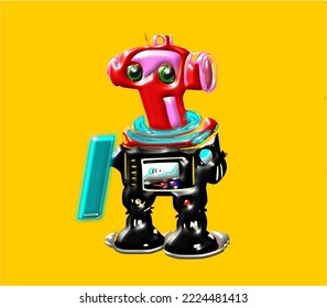 Illustration of a red robot on a yellow background.Vector image, suitable for celebrations and advertising.