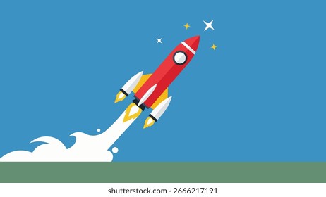 Ilustración de un cohete rojo lanzándose al cielo con llamas