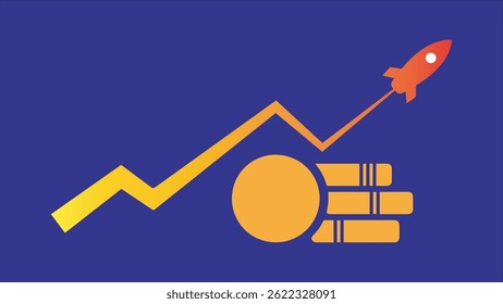 Illustration of a red rocket on a growth chart with wealth symbols, representing business, investment, and innovation, suitable for fintech, startup, or crypto presentations and promotions.