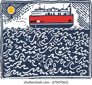 Illustration of red roll on roll off boat on storm tossed ocean. 