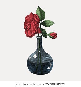 Illustration of a red rose in a blue vase. The rose is vibrant, with lush petals. The vase is glossy, complementing the rose. A classic rose in a vase image. Vintage flower illustration, vector.