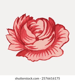 Illustration of a red rose with detailed petals. The rose, a symbol of love, features vibrant red hues. Red rose art, perfect for floral designs. Vintage illustration isolated on white, vector.