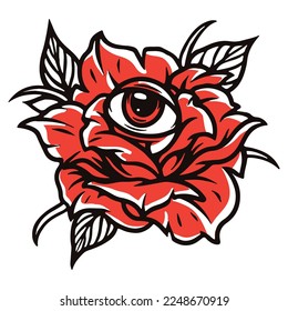 illustration red rose and eye ball  tattoo flash hand drawn vector gaphic