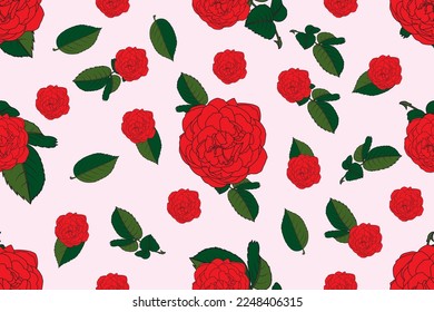 Ilustración de la flor rosa roja con fondo de hoja.