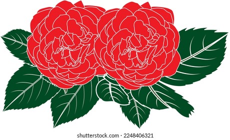 Ilustración de la flor rosa roja con fondo de hoja.