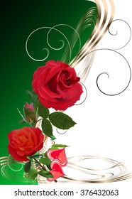 illustration with red rose flowers on green and white background