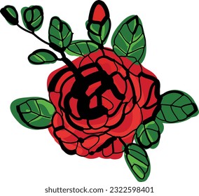 Ilustración de una rosa roja en plena floración y un palo de rosa