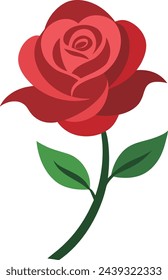 Illustration of a red rose with green leaves isolated on white background