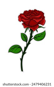 illustration of a red rose with leaves and thorns