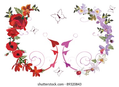 illustration with red rose and lilac orchid curls