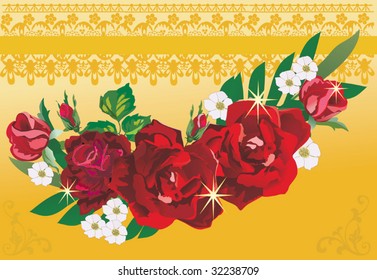 illustration with red roses on gold background