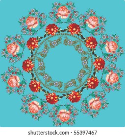 illustration with red roses round design on blue background