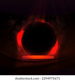 Ilustración con podio redondo rojo y arco abstracto