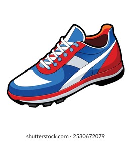 Illustration of red running shoes with white and navy details on an orange background