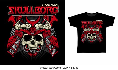 Illustration of Red Samurai Skull Cyborg with Helmet vector t-shirt design concept.