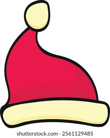 Illustration of a red Santa hat with white trim at the bottom and a white pom-pom at the tip, associated with Christmas and holiday festivities.