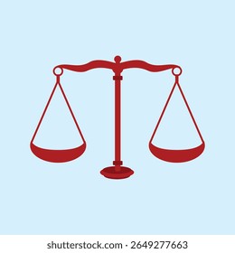 Ilustração de uma escala vermelha com dois lados, simbolizando justiça, lei e equilíbrio. Adequado para temas jurídicos, de tribunal, advogado ou de educação jurídica.