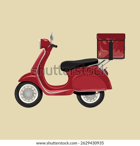 Illustration of a red scooter with a delivery box on a beige background. The scooter is shown in profile, highlighting its sleek design and vibrant red color. Aesthetic vector illustration.