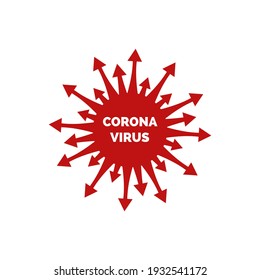 Illustration of red shape coronavirus with pointed ends. World epidemic danger. Covid-19 concept. Pandemic risk. Danger symbol. Health care concept. Attention symbol isolated on white background.
