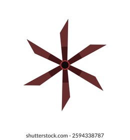 Illustration of a red sharp-edged fan blade with six angular blades, bold and abstract, isolated on white background.