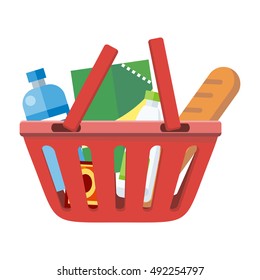 Illustration of red shopping basket with different products. One plastic shopping basket. Shopping basket icon. Isolated object in flat design on white background. Vector illustration.