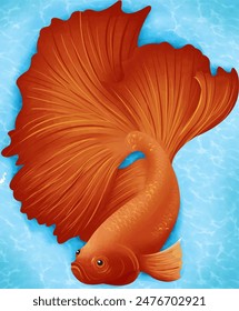 Illustration of red Siamese fighting fish with wavy blue water background