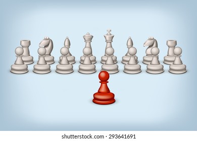 illustration of red single pawn opposite all white figures