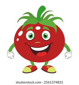 Illustration of a red smiling tomato with arms and legs.Vector illustration on a white background.Suitable for labels, corporate identities, decorative elements.