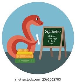 Illustration with a red snake teaching, studying mathematics. The snake holds chalk in front of a blackboard with the inscription "September" and examples. Fairytale style, education theme, school.