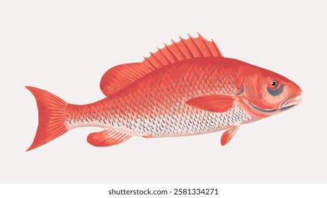 Illustration of a red snapper fish with detailed scales and fins. The red snapper is depicted in a side view, showcasing its vibrant red color and distinct features. Vintage fish illustration vector.