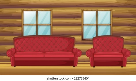 Illustration of red sofa and chair in wooden room