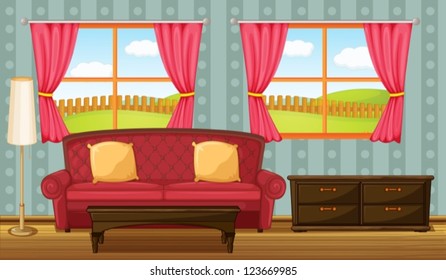 Illustration of a red sofa and side table in a room