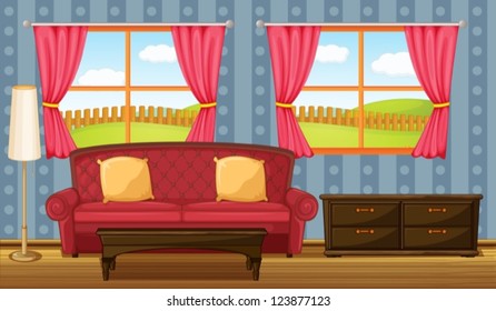 Illustration of a red sofa and side table in a room