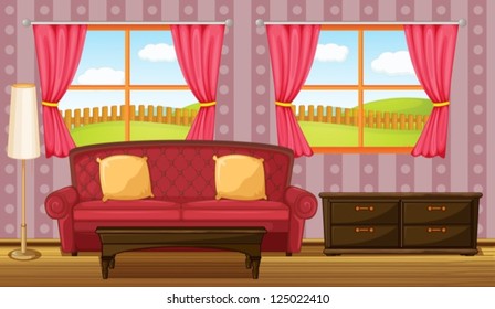 Illustration of a red sofa and side table in a room