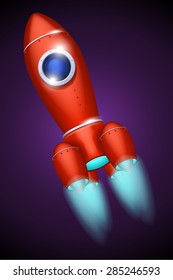 illustration of red spaceship in dark background with flame