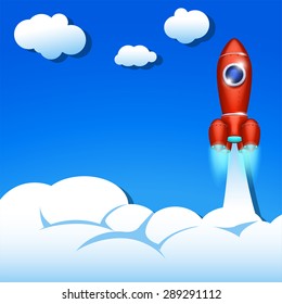 illustration of red spaceship flying up in the sky