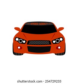 Illustration of a red sport car with angel eyes headlights. Front view. Isolated on a white background.