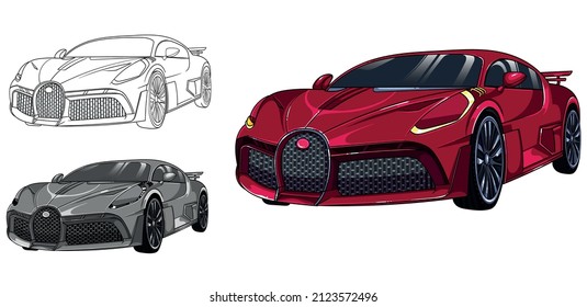 Illustration of red sport car. Easy to use, editable and layered. Vector detailed muscle car isolated on white background, sketch automobile