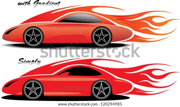 an illustration\
of red sport car with\
flames