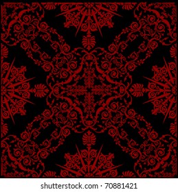 illustration with red square curled design on black background