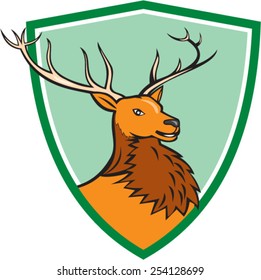 Illustration of a red stag deer buck head facing side set inside shield crest on isolated background done in cartoon style.