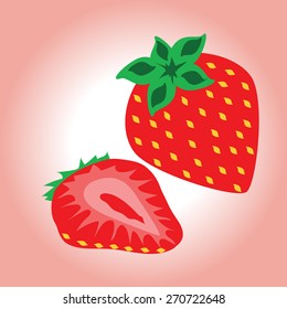 Illustration of red strawberries with green leaves on a pink background
