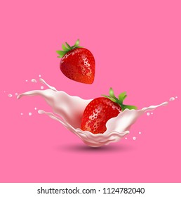 illustration of red strawberry and fresh milk.