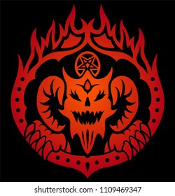 Illustration with red symbol of hell with demons face in the fire circle on black background