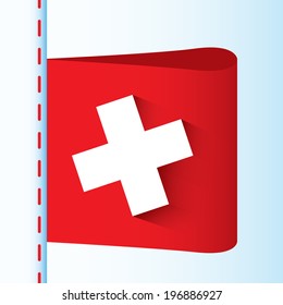 Illustration of red textile label with white cross ( first aid or swiss )