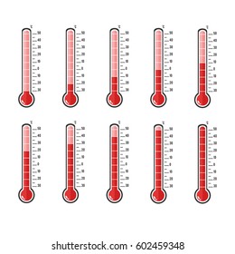 illustration of red thermometers with different levels, flat style, EPS10.