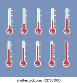 illustration of red thermometers with different levels, flat style, EPS10.