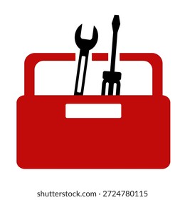 Ilustración de una caja de herramientas roja con una llave inglesa y un destornillador