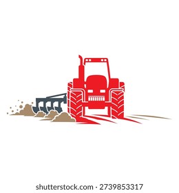 Illustration of a red tractor with large tires and a loader attachment