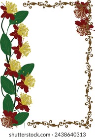 Illustration mit roten Baumblumen in dunklem Rahmen auf weißem Hintergrund